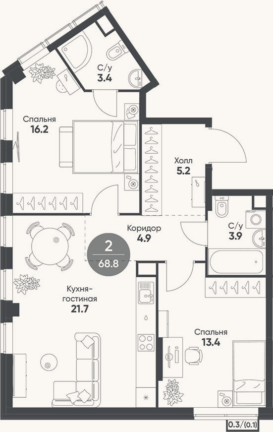 Планировка: 3-к, 68,7 м²