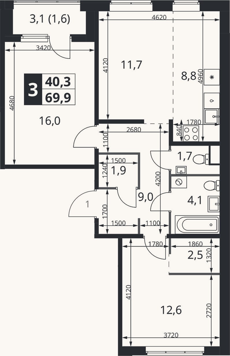 Планировка: 3-к, 68,3 м²