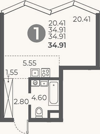 Планировка: Студия, 34,9 м²
