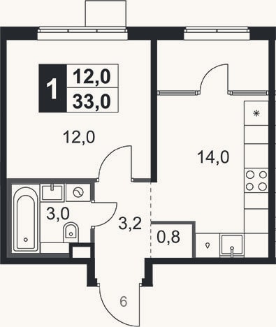 Планировка: 1-к, 33 м²