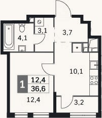 Планировка: 1-к, 33,5 м²