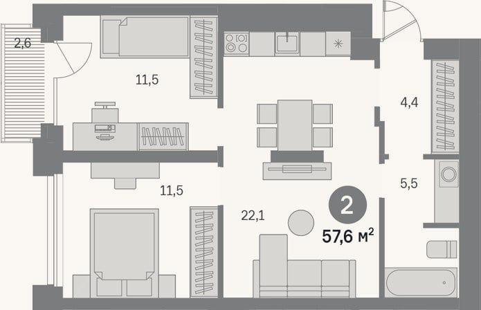 Планировка: 2-к, 55,2 м²