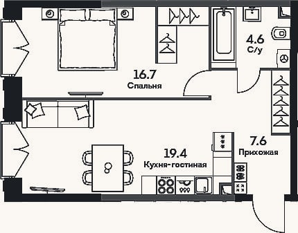 Планировка: 2-к, 48,3 м²