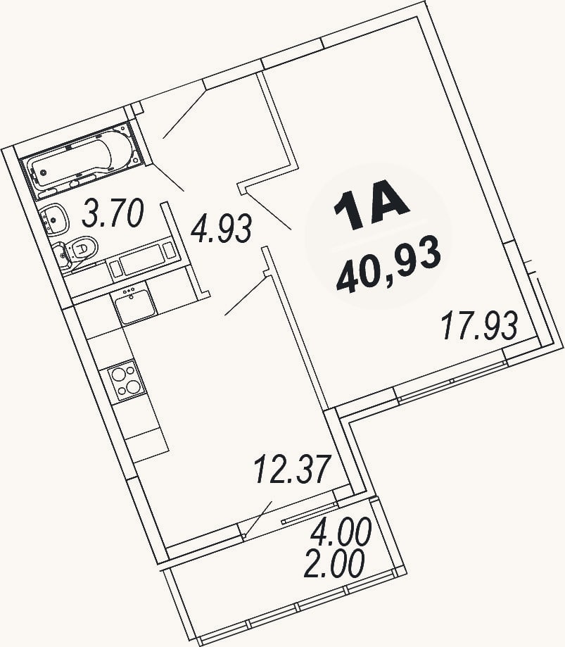 Планировка: 1-к, 38,9 м²