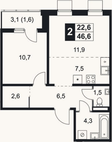 Планировка: 2-к, 45 м²