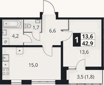 Планировка: 1-к, 41,1 м²