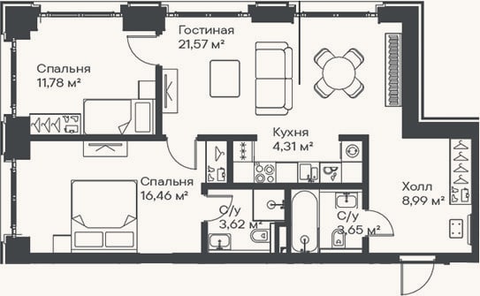 Планировка: 3-к, 70,4 м²