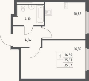 Планировка: 1-к, 35,4 м²