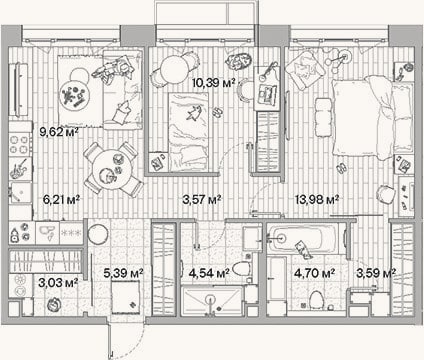 Планировка: 3-к, 65 м²