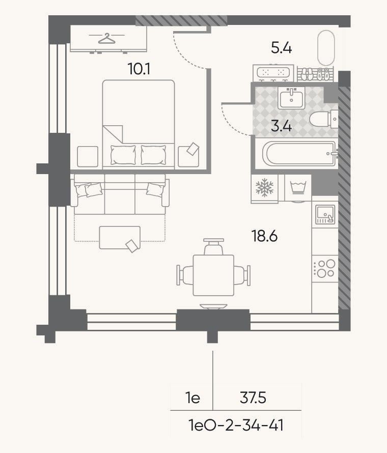 Планировка: 2-к, 37,5 м²