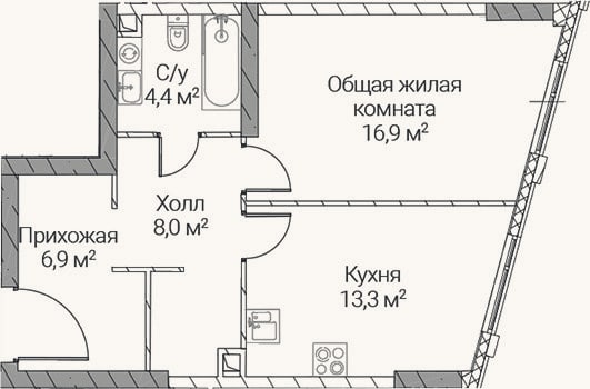 Планировка: 1-к, 49,5 м²