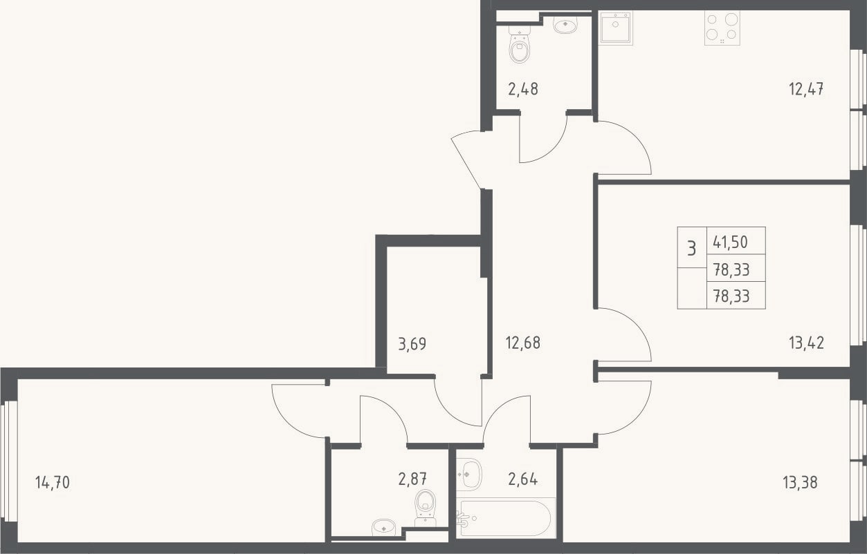 Планировка: 3-к, 78,3 м²