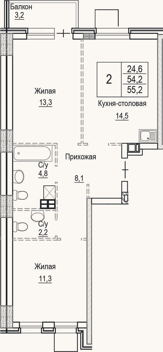 Планировка: 3-к, 54,2 м²