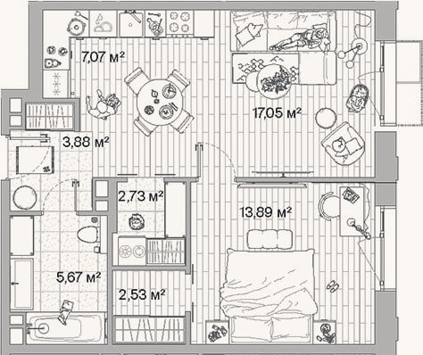 Планировка: 2-к, 52,8 м²
