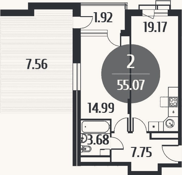 Планировка: 2-к, 45,6 м²