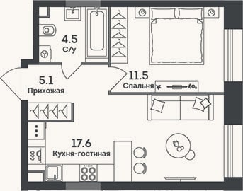 Планировка: 2-к, 38,7 м²