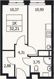 Планировка: 1-к, 32,2 м²