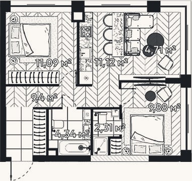 Планировка: 3-к, 52,9 м²