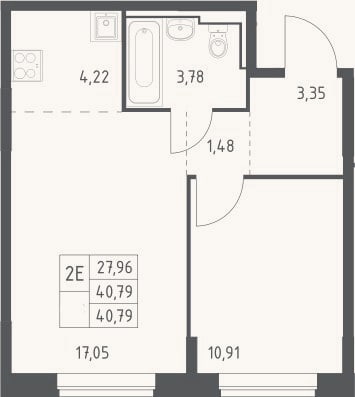 Планировка: 2-к, 40,8 м²