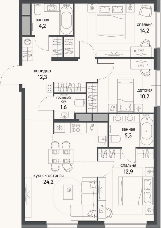 Планировка: 4+ к, 84,9 м²