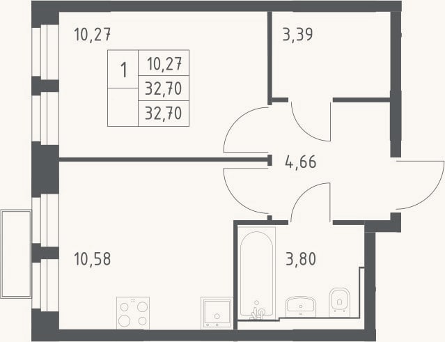 Планировка: 1-к, 32,7 м²