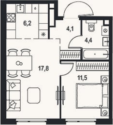 Планировка: 2-к, 44 м²