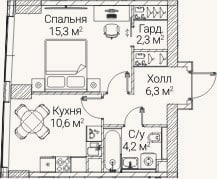 Планировка: 1-к, 38,5 м²