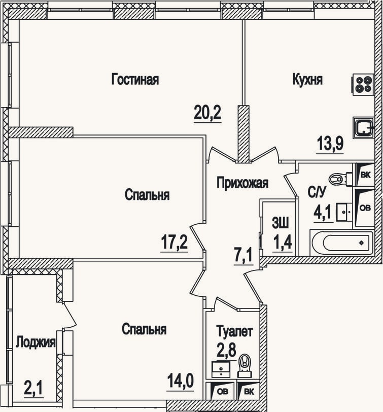 Планировка: 3-к, 80,7 м²