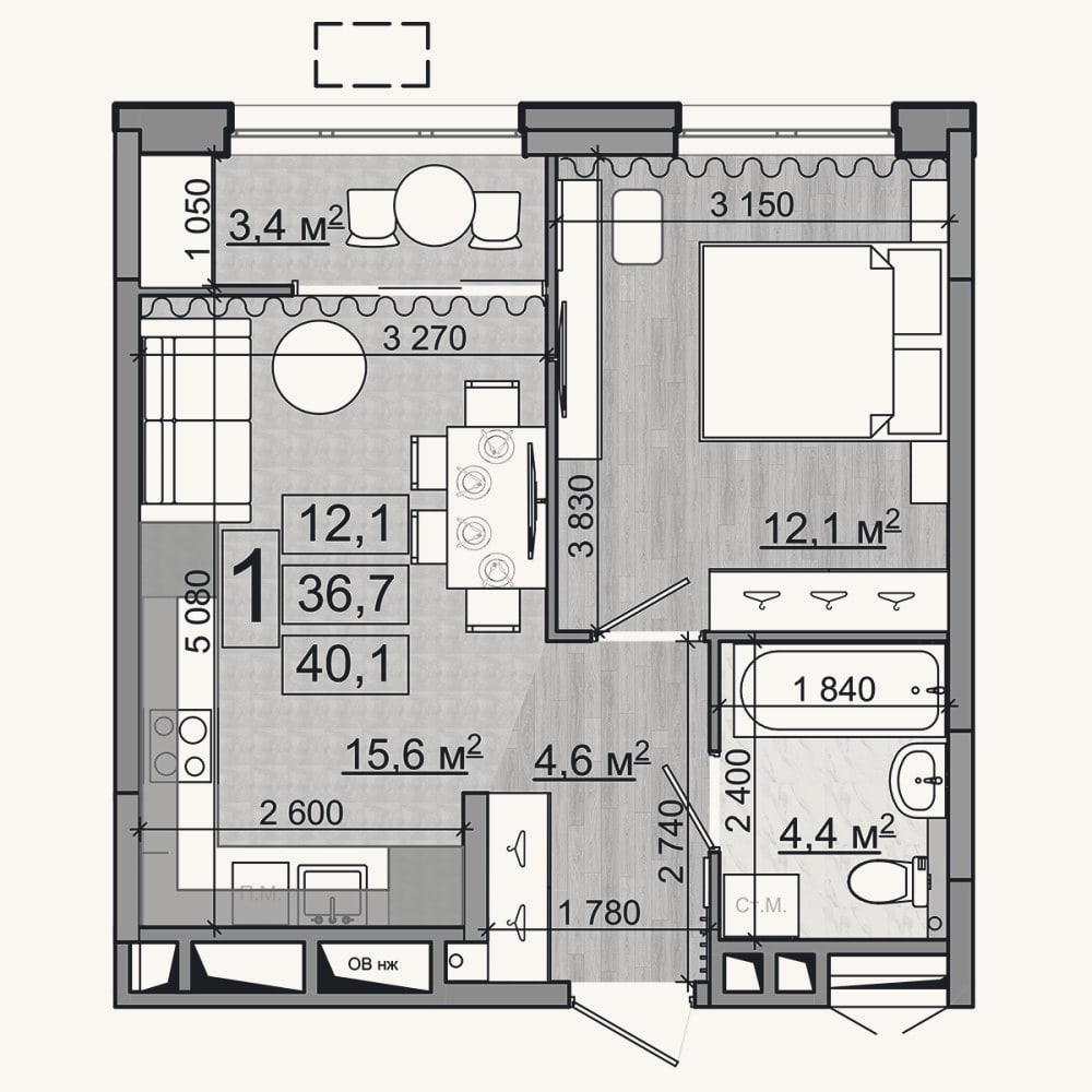 Планировка: 2-к, 36,7 м²