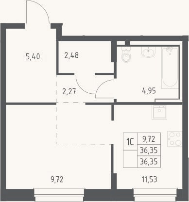 Планировка: Студия, 36,4 м²