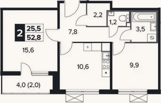 Планировка: 2-к, 50,8 м²