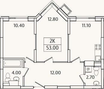 Планировка: 2-к, 53 м²