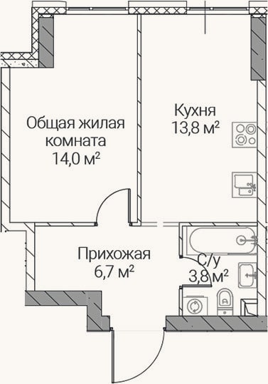 Планировка: 1-к, 38,3 м²
