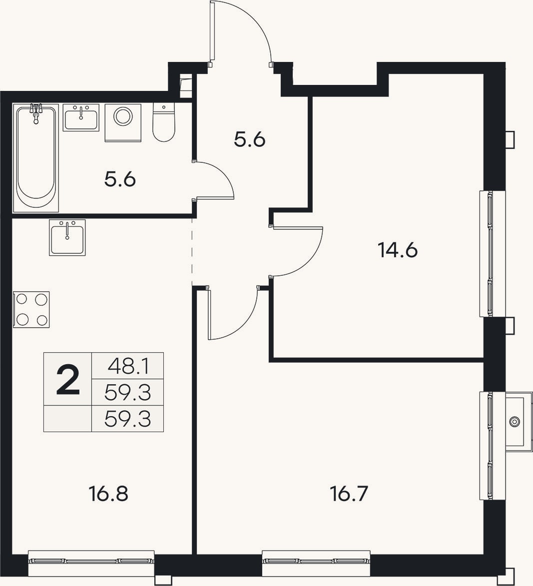 Планировка: 3-к, 59,3 м²