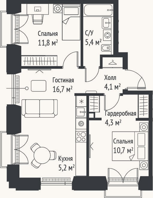 Планировка: 3-к, 58,3 м²