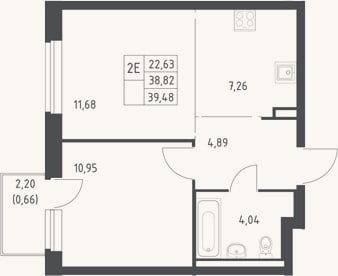 Планировка: 2-к, 38,8 м²