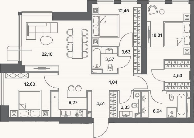 Планировка: 4+ к, 105,8 м²