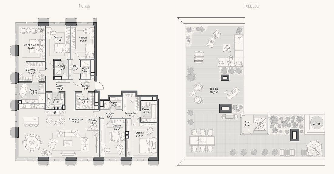Планировка: 4+ к, 243 м²