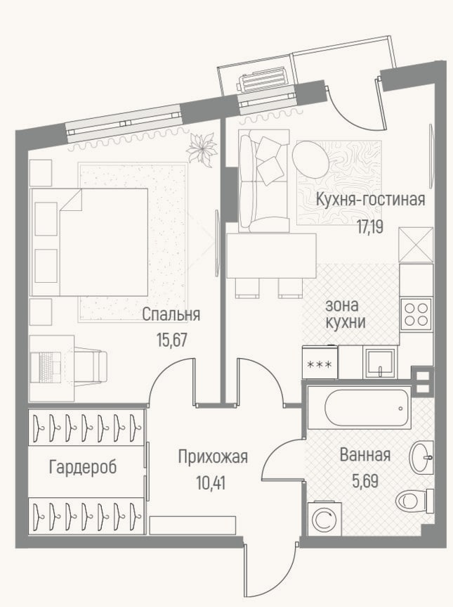 Планировка: 1-к, 49 м²