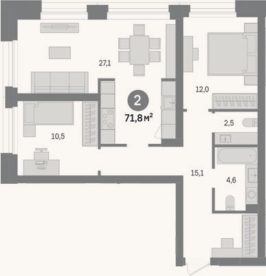 Планировка: 2-к, 71,8 м²