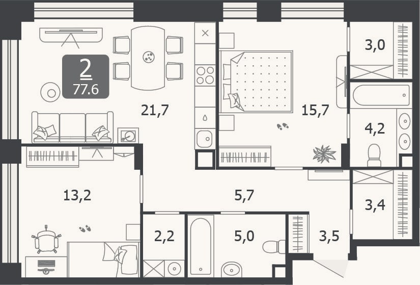 Планировка: 3-к, 77,6 м²
