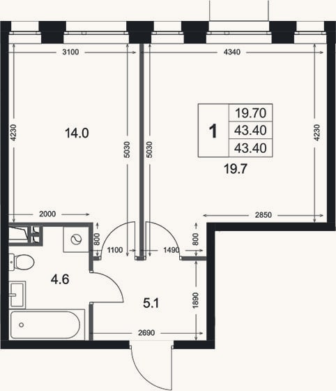 Планировка: 1-к, 43,4 м²