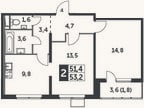 Планировка: 2-к, 51,4 м²