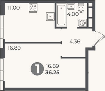 Планировка: 1-к, 36,3 м²