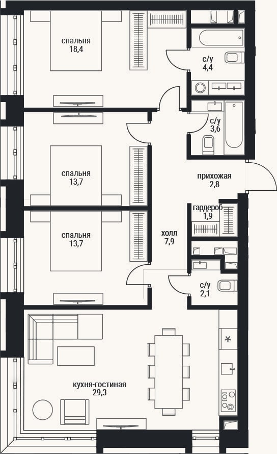 Планировка: 4+ к, 97,8 м²