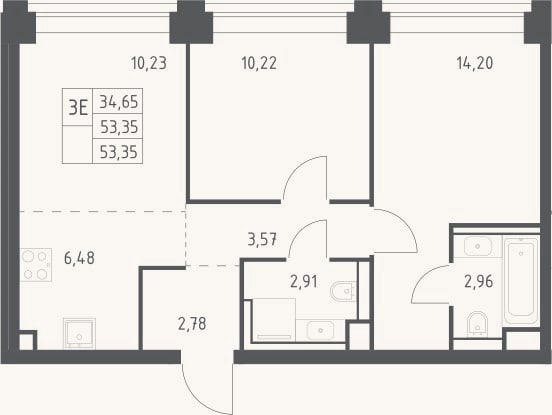 Планировка: 3-к, 53,4 м²