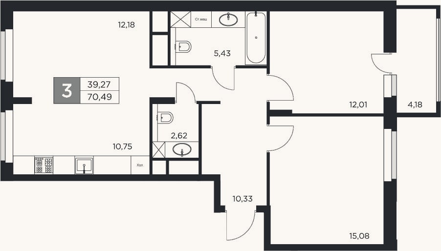 Планировка: 3-к, 68,4 м²