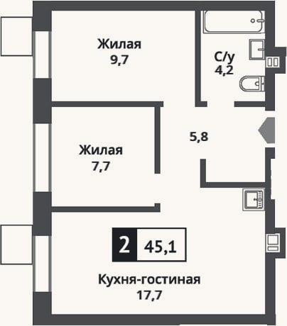 Планировка: 3-к, 45,1 м²