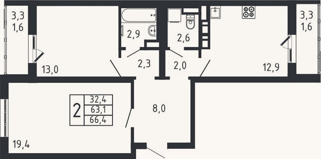 Планировка: 2-к, 63,2 м²