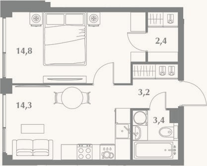 Планировка: 1-к, 38,1 м²